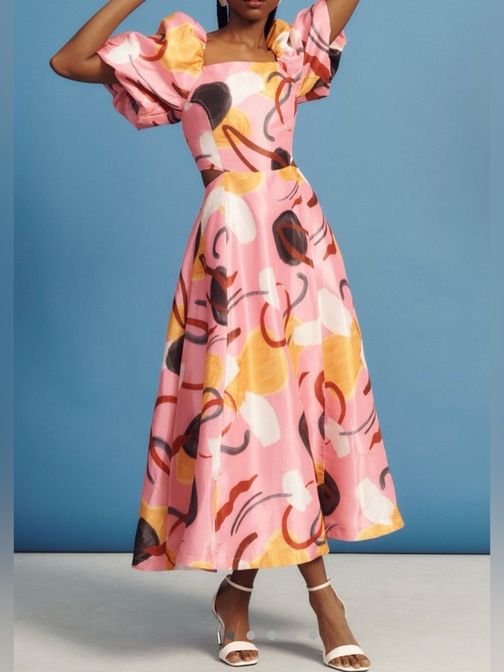 Aureta Pink Abstract-Print Puff-Sleeve Midi Dress